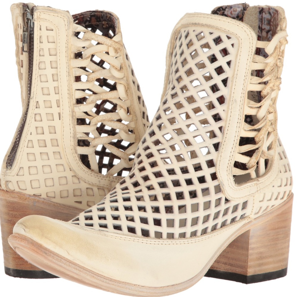 Freebird Cream Leather Lattice Cut Out Ankle Boots